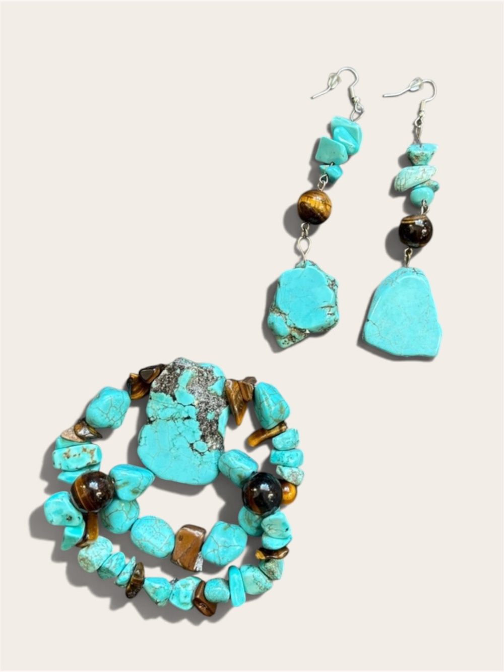 ReMixed Handmade Turquoise Tiger’s Eye Bracelet Earring Set | 114g